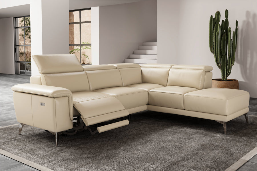 Valencia Pista Modern Top Grain Leather Reclining Sectional Lounge with Right-Hand Facing Chaise, Beige