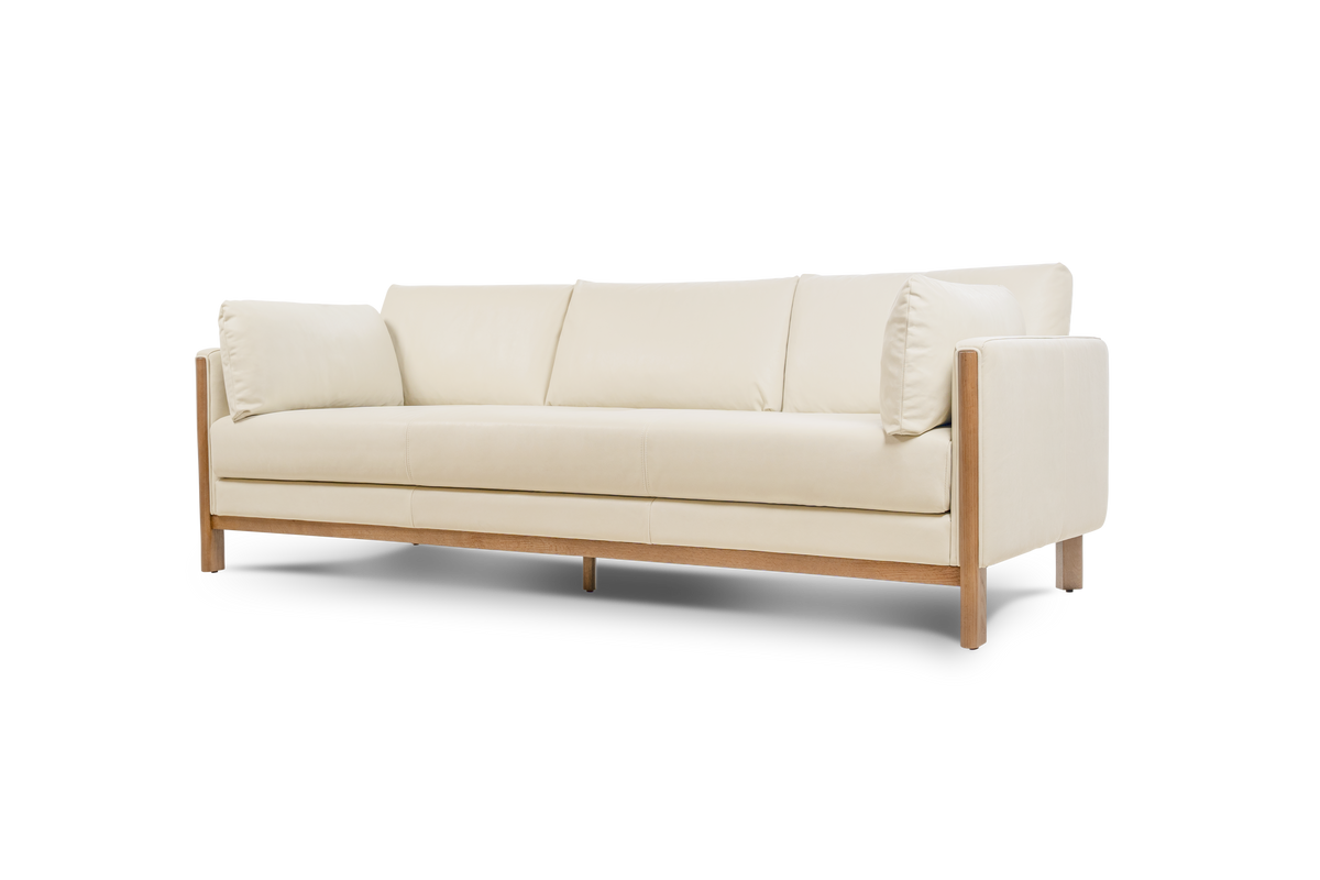 Matera Top Grain Leather Three Seats Lounge with Wooden Legs, Beige