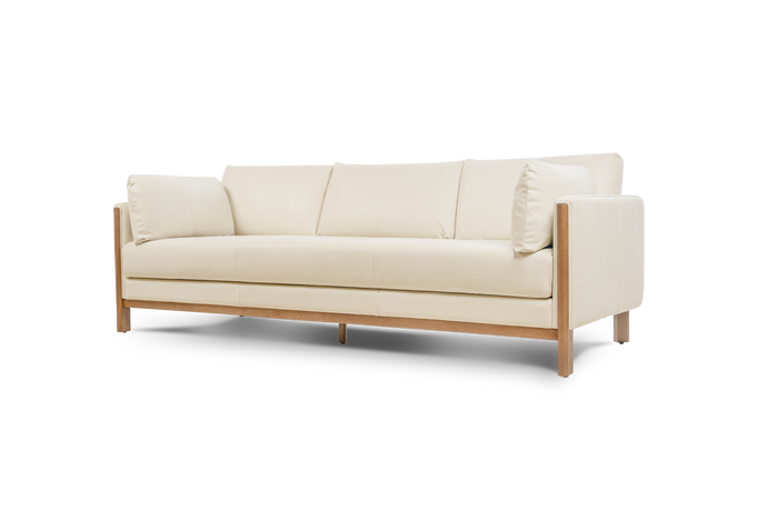 Matera Top Grain Leather Three Seats Lounge with Wooden Legs, Beige