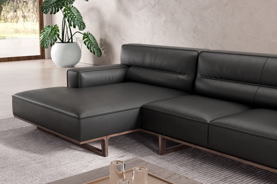 Valencia Varna Leather Three Seats with Left Chaise Sectional Sofa, Black Color