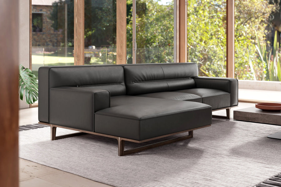 Valencia Varna Leather Three Seats with Left Chaise Sectional Lounge, Black Color