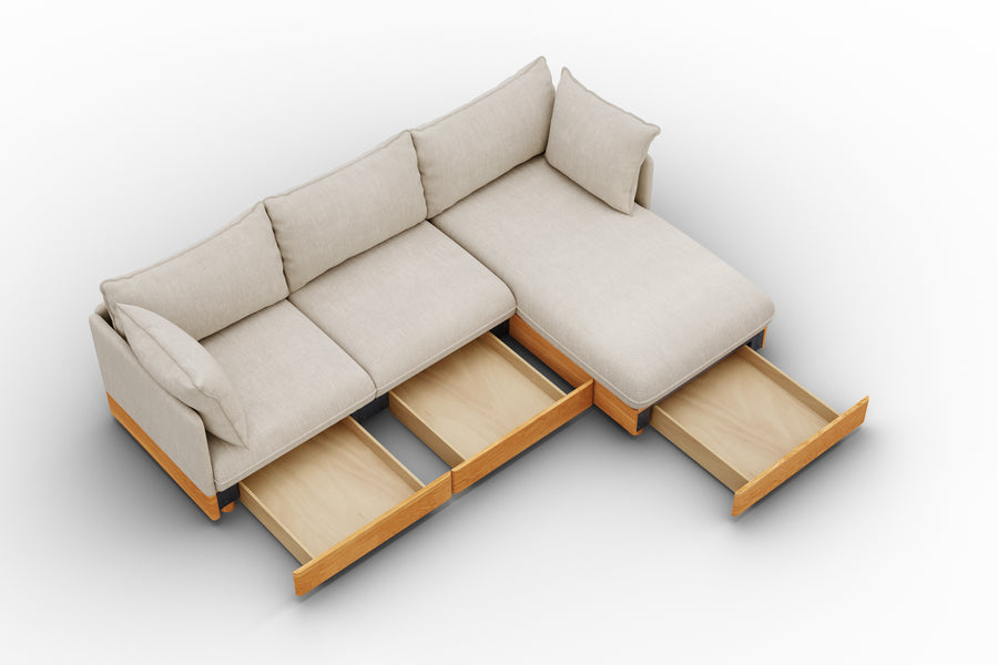 Valencia Vigo Fabric Three Seats with Right Chaise with Storages Sectional Lounge, Light Grey