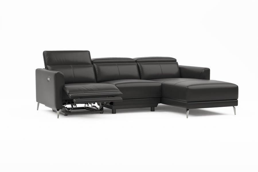 Valencia Andria Modern Right Hand Facing Top Grain Leather Reclining Sectional Lounge, Black